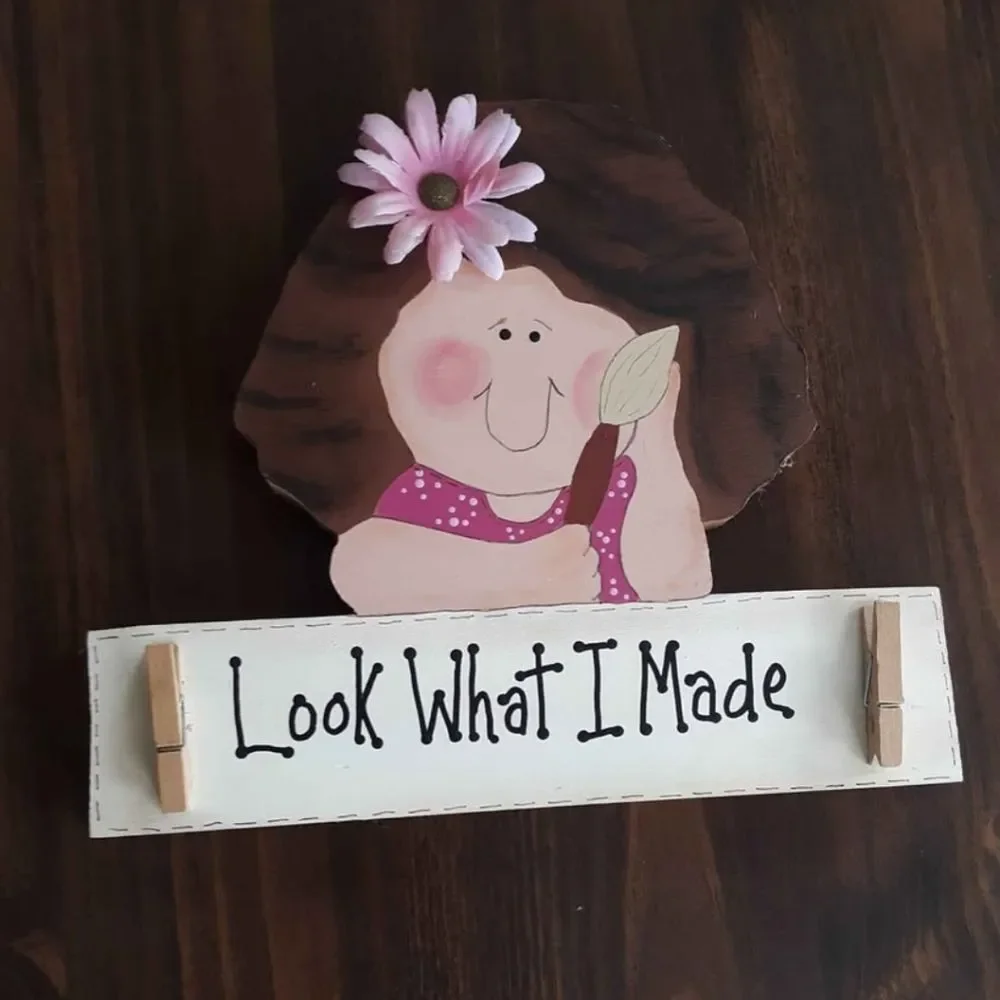 Vintage Wooden Look What I Made Kids Art Display Wall Hanging Clothespin Holder